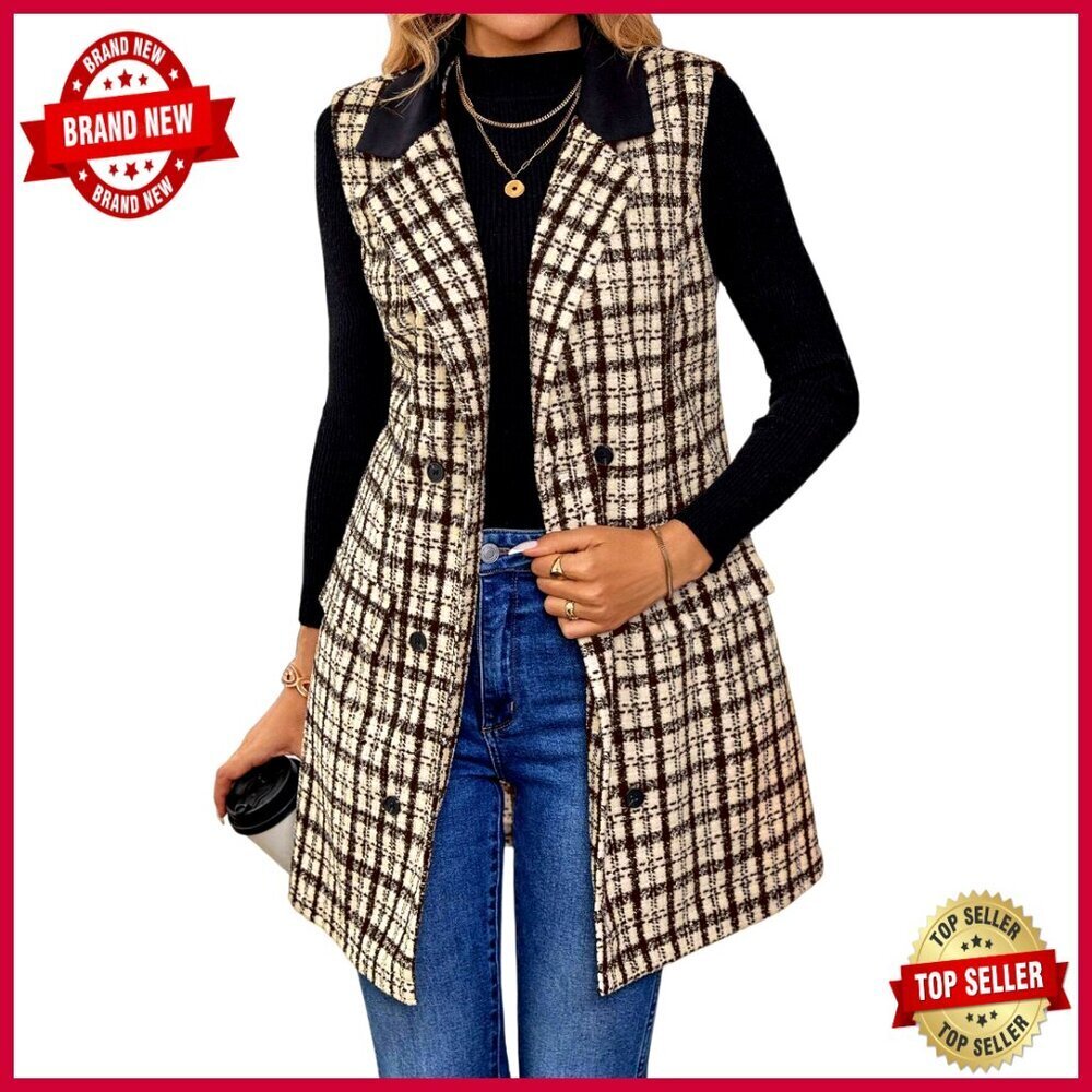 Wool Blend Tweed Long Vest Sleeveless Blazer Regular Fit Button Closure